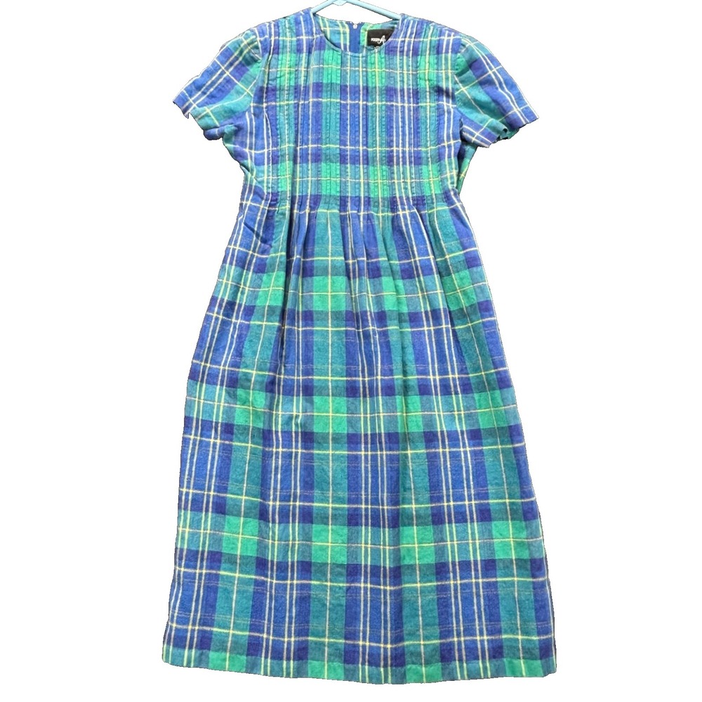 Positive Attitude Dress Womens 14P Blue Plaid Linen Midi cottagecore peasant